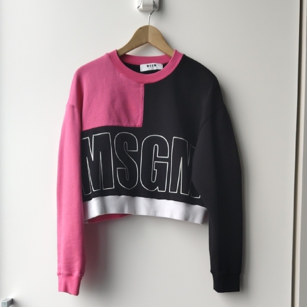 MSGM Two Tone Puff Sleeves Logo Cropped Fleece Sweatshirt